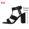 LiuFu Nuevo Estilo Europeo y Americano En Stock Punta Redonda Modernas Talla Grande Borla Tacón Alto Zapatos de Mujer Hebilla Sandalias de Mujer