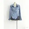 Camisa Rayada de Manga Larga de Moda, Blusa de Otoño con Cintura Irregular, Nuevo Estilo Ajustado, Top Adelgazante con un Diseño Único