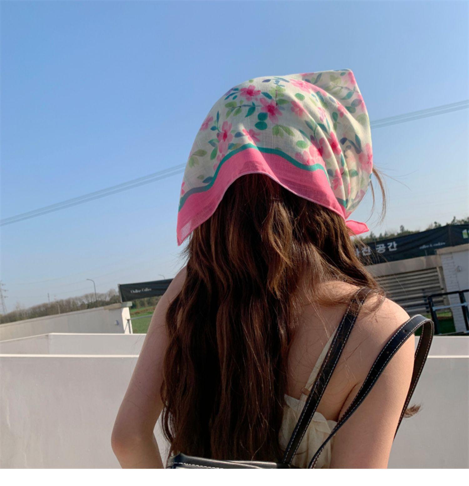 小清新棉麻围巾小方巾女花朵小碎花文艺复古领巾春夏装饰发带头巾