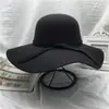 Chapéu de Pescador Preto para Mulheres, Versátil Coreano para Outono e Inverno com Laço, Chapéu Bucket Redondo de Lã com Aba Larga para Mulheres, Retrô