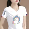 Comércio Exterior Transfronteiriço Último Estoque Grande Marca Etiqueta Cortada Manga Curta Camiseta Feminina Verão Solta Casual Petite Decote V Meia Manga