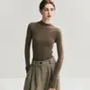 Camiseta Base de Punto Ajustada de Cuello Alto Medio Color Marrón Melard para Mujer, Suéter Cálido de Capa Interior para Otoño e Invierno, Top Ajustado de Cuello Medio