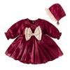 Vestido Infantil Primavera e Outono Grande Laço Malha Sedas e Cetins Manga Longa Doce Moda Bebê Vestido Princesa
