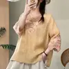 ***Camiseta Bordada Estampado Grande Industria Pesada Nacional Temperamento Sencillo y Elegante Holgada Artística Nuevo Estilo Cuello en V Talla Grande Top Pullover