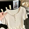 Camiseta de punto para mujer con cuello de media botonadura que deja ver la clavícula, estilo francés, manga corta, corte ajustado, base acanalada, primavera-verano 2026