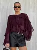 Blusa de Gasa Elegante Color Borgoña con Cuello Redondo y Volantes Estilo Retro Francés para Mujer Diseño Primavera 2026