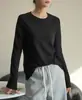 Camiseta de Manga Larga con Parches en Hombros, Algodón Copo de Nieve para Mujer, Corte Regular, Textura de Algodón Grueso Multicolor, Camiseta Básica de Cuello Redondo, Estilo Primavera y Otoño, En Stock