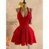Vestido Mini de Verano para Mujer, Casual, Color Sólido, Cuello Halter, Espalda Descubierta, Dobladillo Asimétrico, Sin Cadena en la Cintura