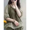 Traje de Algodón y Lino para Mujer, Nuevo Estilo Verano 2026, Top Estampado Patchwork Falso Dos Piezas, Pantalones Harem, Conjunto de Dos Piezas Adelgazante