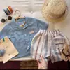 Conjunto de Camisa de Algodón y Lino de Manga Corta para Niños Conjunto de Dos Piezas con Shorts Rayados Ropa Casual de Verano para Bebé