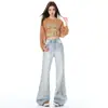 Calça Bootcut Azul Claro Lavado Estilo Americano para Mulheres Outono Inicial 2025 Nova Versátil Afinando a Silhueta Cintura Alta Jeans Retrô Calça Feminina