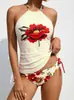 Traje de baño de dos piezas de venta caliente transfronterizo para mujer, sexy y simple, cuello halter, estampado, de atar, que cubre el abdomen, bikini conservador