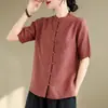 Foto Real Nova Camisa Chinesa Retro Zen de Algodão e Linho de Manga Curta para Mulheres Design Simples Senso de Estilo Top Nicho