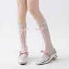 Medias de Malla de Verano Estilo Ins Chica Dulce Pura Blanco Leche Calcetines para Pantorrilla con Encaje Hueco y Moño