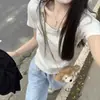 Estilo Coreano Simple Cuello en U Hombro Manga Corta Verano para Mujer Elegante Ajustado Adelgazante Camiseta Top Versátil para el Trabajo Camiseta Básica