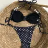 Bikini halter retro de lunares y perlas, traje de baño sexy de dos piezas con cordones, perfecto para vacaciones y playa