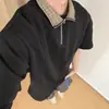 Camiseta Masculina Manga Curta Gola Polo Costura Xadrez Meio Zíper Preta Pesada Desconstruída Ombro Direito Manga Meia