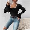 Amazon Transfronterizo Nuevo Jersey de Punto Delgado Ajustado de Moda Sexy con Cuello Bajo para Mujer de Color Sólido de Manga Larga