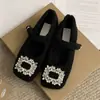 Sapatos Mary Jane Elegantes Femininos, Sapatos de Veludo Estilo Francês Estilo de Festa Bico Quadrado com Strass Sapatos de Lã, Sapatos de Inverno Femininos