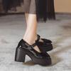 Sapatos de Salto Alto com Laço Doce para Mulheres no Verão Mary Jane Retrô Salto Grosso Solas Grossas para Aumentar a Altura e Emagrecer Estilo Japonês Sapatos Pequenos de Couro