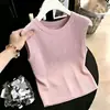 Colete de Seda Gelo com Gola Redonda Estilo Europeu Verão 2026 para Mulheres, Camiseta Regata de Tricô Fresca Sem Mangas, Top Simples para o Dia a Dia