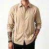 Camisa de Hombre para Primavera y Otoño Estilo Old Money Diseño de Pliegues con Fruncido Cuello Campana Lino Botones Manga Larga para Hombre