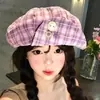 Boina Octogonal Xadrez com Botão Estilo Retrô Japonês para Mulheres Primavera Verão Doce de Alta Qualidade Estilo College Chapéu de Jornaleiro Pintor