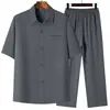 Conjunto de camisa de manga corta de seda de hielo para hombre, para mediana edad y ancianos, conjunto casual deportivo fino de verano de dos piezas para papás y abuelos