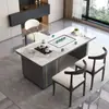 Conjunto de mesa de centro e cadeiras em pedra sinterizada de luxo leve, adequado para escritório, varanda ou uso doméstico; mesa de chá pequena moderna com chaleira de água integrada e estação de chá em pedra