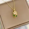 Moda Titanio Acero Hoja Verde Concha Flor Luz Lujo Elegante Hermoso Diamante Collar Mujer Todo-partido Cadena Clavícula Cadena de Titanio Acero
