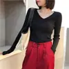 Suéter feminino, versátil para usar em camadas, blusa de tricô gola V slim fit estilo coreano, blusa de baixo justa estilo estudante, camiseta