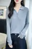 Suéter de malha casual com gola polo, alta imitação, meio aberto, manga longa, listrado, slim fit, versátil, emagrecedor, novo estilo feminino