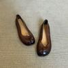 Versión de Piel de Vaca en Stock~ Zapatos Únicos de Cuero de Caballo Lavado con Punta Dividida para Mujer, Planos Bajos de Pezuña de Cerdo Plateados, Zapatos de Ballet