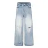 Jeans de Mezclilla Lavada Degradada para Hombre Estilo Callejero Retro Rasgados Desgastados Pierna Ancha Pierna Recta Pantalones Largos Sueltos Casual