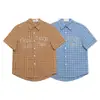 Roupas Masculinas Retro Americano Xadrez Ombro Direito Manga Curta Camisa Feminina Design de Miçangas Casual Curta Verão Camisa