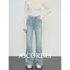 Pantalones Jocorbei de Estiramiento en Cuatro Direcciones Supermodelo Azul Claro Lavado Jeans Acampanados Populares para Mujer con Aberturas de Pierna Acampanadas