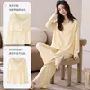 Pijama feminino 100% algodão, de manga comprida e perna comprida, com bojos embutidos no peito, adequado para usar como roupa externa, conjunto casual de duas peças, roupa de ficar em casa plus size