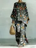 Nuevo conjunto de dos piezas para mujer: camiseta casual de moda con estampado transfronterizo, cuello redondo, manga larga + pantalones de campana