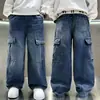 Calça Masculina Primavera e Outono Reta Infantil Longa para Crianças Maiores Jeans Cargo Solta Calça Wide Leg para Meninos de 12 Anos Tendência