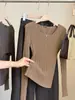 Elegante top de punto de manga larga para mujer, nueva colección de otoño, elegante y versátil, base acanalada, corte ajustado y efecto adelgazante