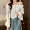 Camisa Francesa de Manga Abullonada, Diseño Nuevo, Estilo Nicho, Clavícula, Estilo Gentil, Entallada en la Cintura, Top Versátil con Volantes