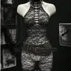 Lencería Sexy de Amazon con Tirantes de Hombro con Borlas, Falda Bodycon, Body Sexy de Malla Hueca con Estampado de Hojas para Exportación