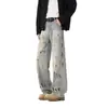 Calça Cleanfit com Toque de Luxo, Jeans Lavado Estiloso com Design de Manchas, Calça de Algodão Masculina Tendência Retrô Americana de Corte Reto com Barra Flare