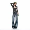 YECHUAN # Jeans lavados con patrón de ráfaga de rayo vintage para mujer, diseño de hebilla de París de otoño, pantalones rectos holgados