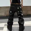 Jeans negros de mezclilla estilo americano, de calle, con ligera inspiración asiática, estampado de estrellas retro, para hombre, pierna recta holgada, pantalones casuales adelgazantes