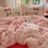 Conjunto fofo de 4 peças de cama de veludo de leite do gato KT, quente para outono e inverno, conjunto de 3 peças com capa de edredom de veludo coral espessa