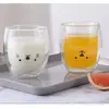 Taza de Animales Lindos de Doble Capa con Patrón de Oso y Gato de Dibujos Animados, Taza para Café y Leche para Uso en Casa, Taza de Vidrio de Borosilicato Alto de Doble Capa