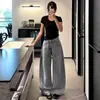 Jeans de mujer estilo retro americano con bordado de letras curvas, nuevos pantalones casuales de otoño de corte holgado, de pierna ancha, modernos