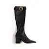Moda nuevo estilo tacón grueso de 7 cm ~ Botas largas de tacón grueso con cremallera lateral y hebilla dorada inspiradas en celebridades, botas de montar