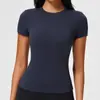 Camiseta de Verano de Manga Corta y Cuello Redondo para Mujer, Corte Ajustado, Tejido Cepillado, Ropa de Yoga con Sensación de Segunda Piel, Transpirable, de Secado Rápido, Top Deportivo para Fitness